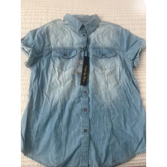 Design by Olivia Women's Cap Sleeve Button Down Denim Chambray Shirt NEEW NWt - Picture 3 of 6